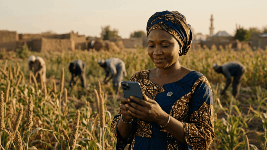 Cooperative leader in Kano State, Nigeria, holding the MobiBank Alpha 1 banking device in a rural farming community at golden hour.