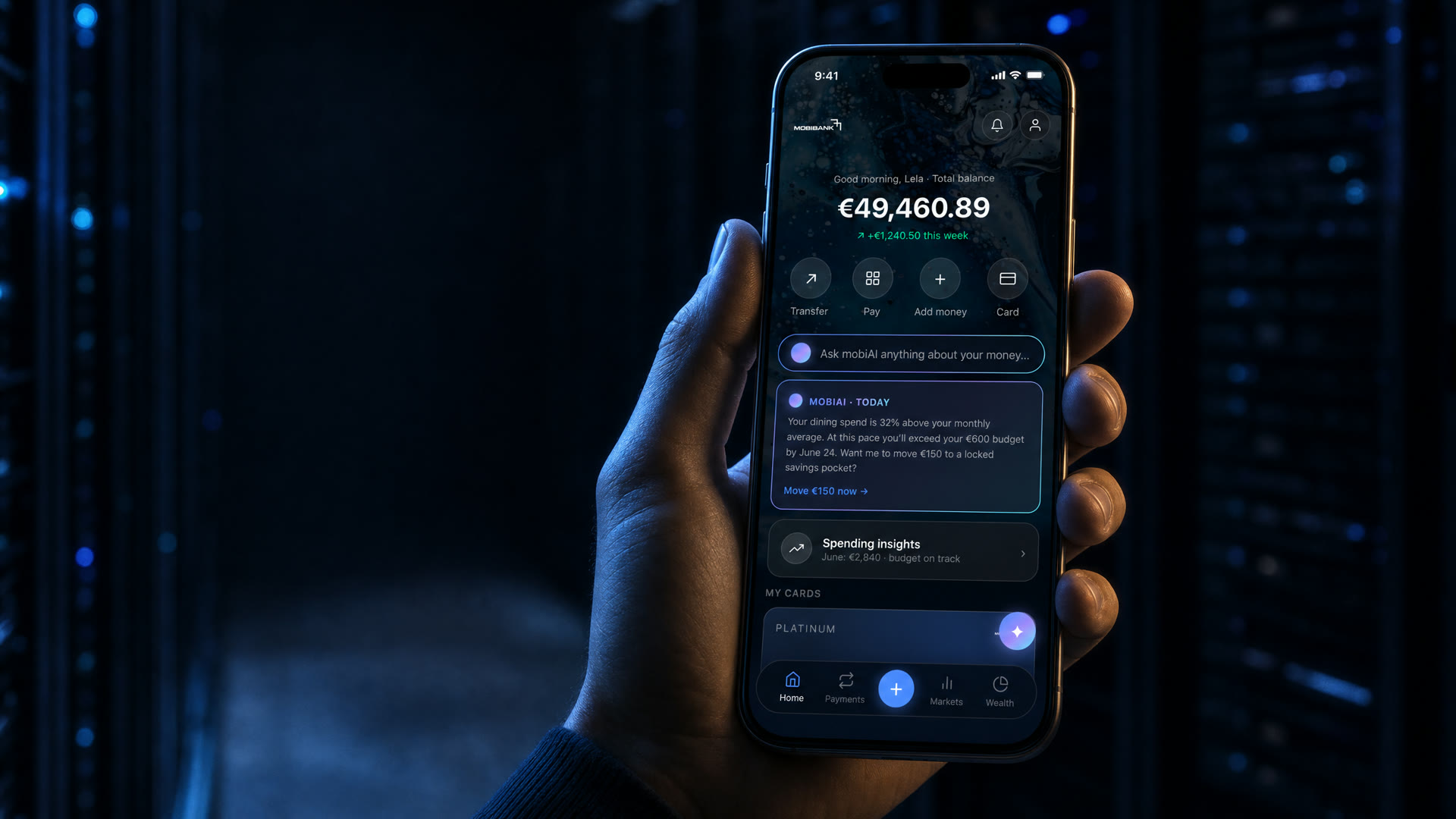 The MobiBank app running on a phone in front of banking infrastructure