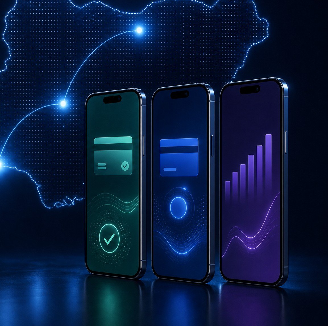 Map of Nigeria with the MobiBank app on three phones