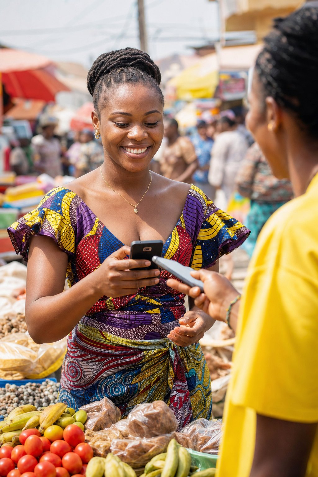 A trader in a Nigerian market paying with her phone